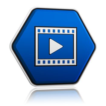 video player sign in 3d blue hexagon banner like button, multimedia presentation concept