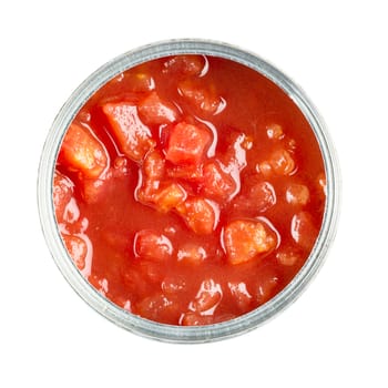 Can of chopped tomatoes, open and viewed from directly above.