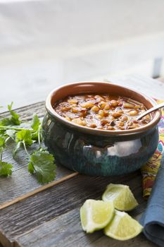 Vegan style mexican posole with hominy and pento beans.