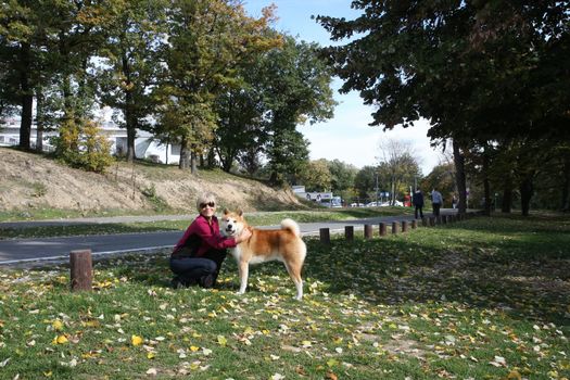 Happy lady posing with her dog Akita Inu in public park 