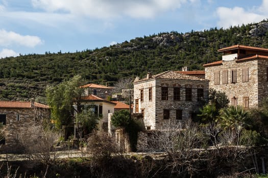 General view of historical Doganbeyli village in Aydin city in Turkey wit great landscape on cloudy sky background.