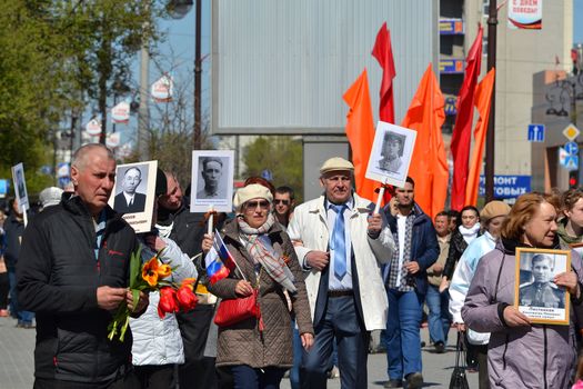 Parade on the Victory Day on May 9, 2016. Immortal regiment. Tyumen, Russia