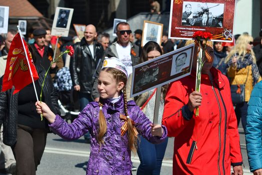 Parade on the Victory Day on May 9, 2016. Immortal regiment. Tyumen, Russia
