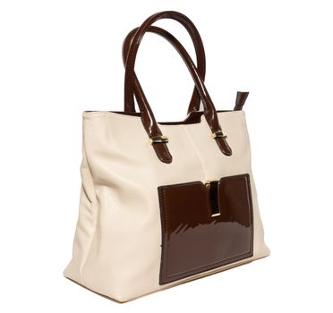 The photograph shows a female handbag on a white background