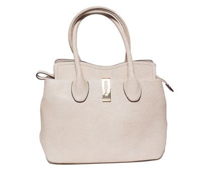 The photograph shows a female handbag on a white background