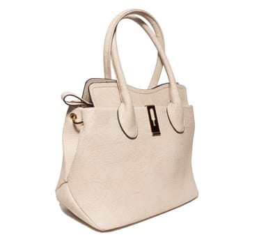 The photograph shows a female handbag on a white background