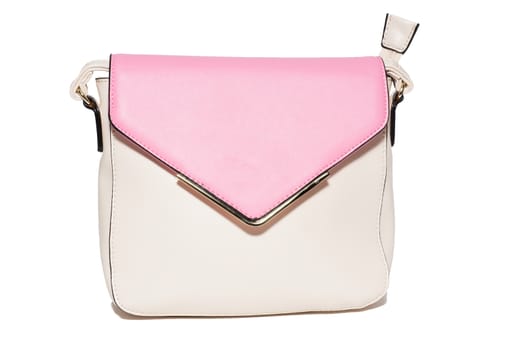 The photograph shows a female handbag on a white background