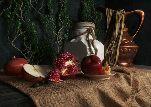 jar, rop, apples,pomegranate,plant and orange on canvas drapery conceptual
still-life