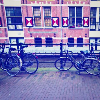 Bikes at the Embankment of Canal in Amsterdam, Instagram Effect