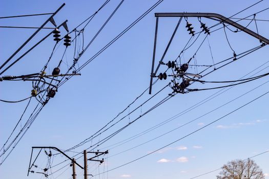 industrial, railway lines of communications and power transmission on sky background