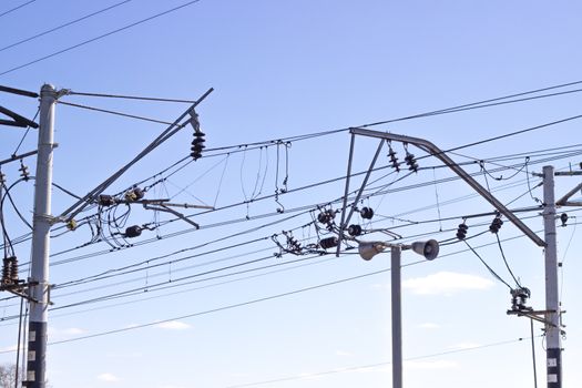 industrial, railway lines of communications and power transmission on sky background