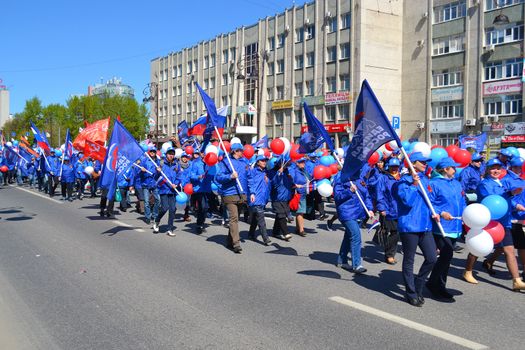 Parade on the Victory Day on May 9, 2016. Representatives of United Russia Party. Tyumen, Russia