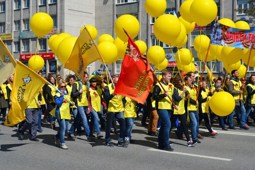 Parade on the Victory Day on May 9, 2016. Representatives of Construction Yard firm. Tyumen, Russia