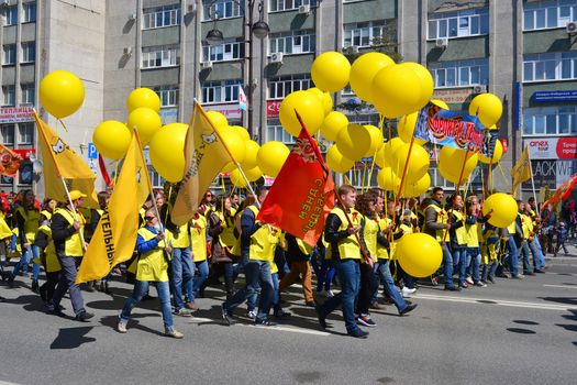 Parade on the Victory Day on May 9, 2016. Representatives of Construction Yard firm. Tyumen, Russia