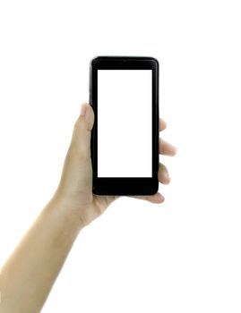 Woman hand holding blank white screen smart phone on white background