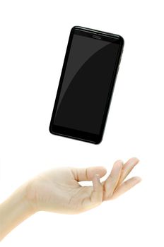 woman's hand holding smartphone over white background