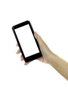 Woman hand holding blank white screen smart phone on white background