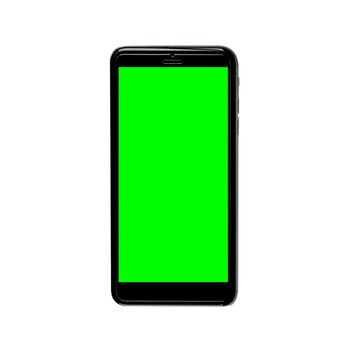 Realistic black mobile phone with green blank screen