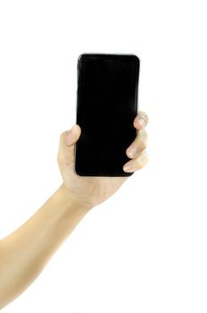 Woman hand holding blank screen smart phone on white background