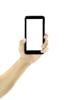 Woman hand holding blank white screen smart phone on white background