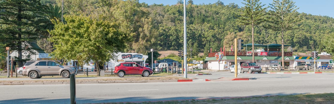 SEDGEFIELD, SOUTH AFRICA - MARCH 4, 2016: Panorama of a street scene in Sedgefield, a town on the Garden Route. Several businesses are visible