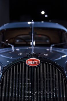 Los Angeles, CA, USA — April 16, 2016: This 1936 Bugatti Type 57SC Atlantic is part of the collection of Atlantic LLC, Rob and Melani Alton, Peter and Merle Mullin, Mullin Automotive Museum and Peter Mullin Automotive Museum Foundation being displayed at the Petersen Automotive Museum in Los Angeles, California, United States. Editorial use.