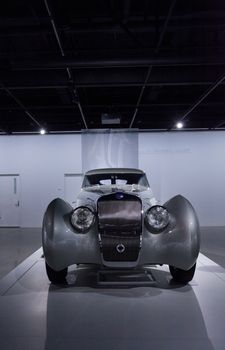 Los Angeles, CA, USA — April 16, 2016: 1937 Delage D8 120 S by Pourtout from the collection of Sam and Emily Mann at the Petersen Automotive Museum in Los Angeles, California, United States.