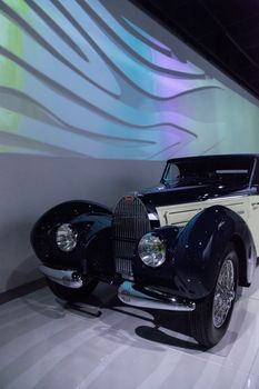 Los Angeles, CA, USA — April 16, 2016: This 1939 Bugatti Type 57C Aravis by Gangloff is part of the collection of the Mullin Automotive Museum on display at the Petersen Automotive Museum in Los Angeles, California, United States. Editorial use.