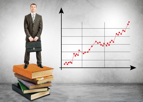 Businessman standing on books with growth chart on wall