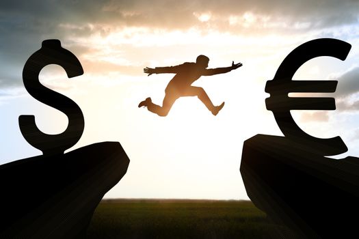 Businessman hopping over abyss from dollar to euro