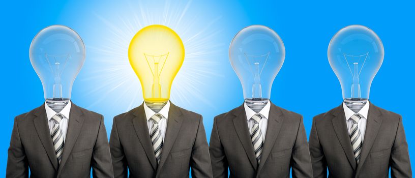 Businessmen with lamp-head on blue background, idea concept