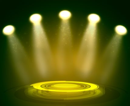 Abstract light yellow background with technology podium and spotlights
