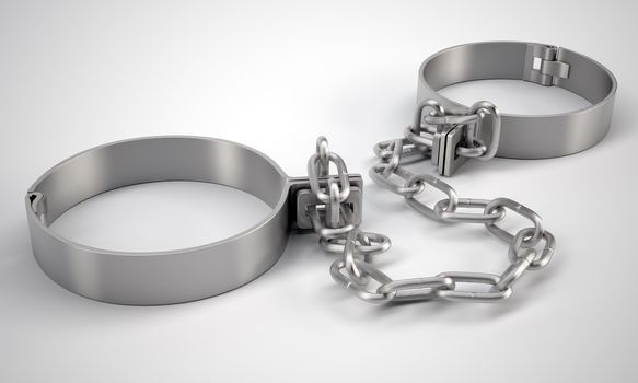 Metal shackles, on gray background. 3D rendering
