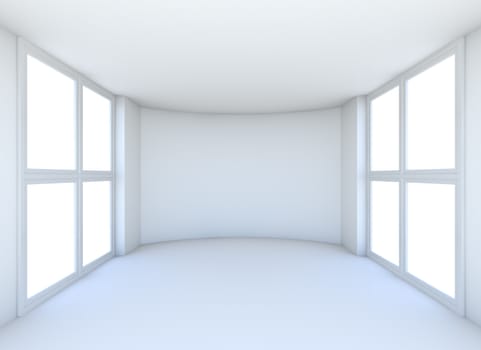 Empty white interior with glossed floor and big windows. 3D rendering