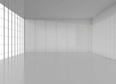 White exhibition room. Reflection floor and big window. 3D rendering