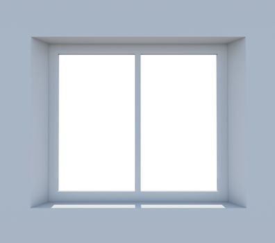 Closed window frame on light blue background. 3D illustration