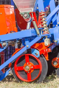 Close up new tractor plow in farm