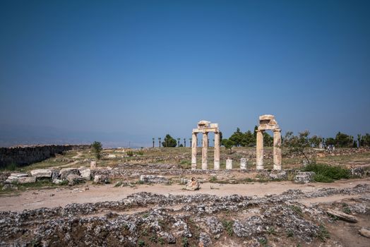 Pammukale, Turkey - July, 2015: photo of ancient city Hierapolis, near modern turkey city Denizli