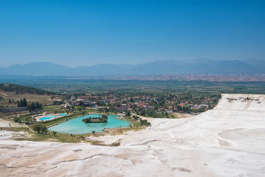 Pammukale, Turkey - July, 2015: panoramic view of Pammukale near modern turkey city Denizli