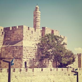 Tower of David and Ancient Walls Surrounding Old City of Jerusalem, Instagram Effect