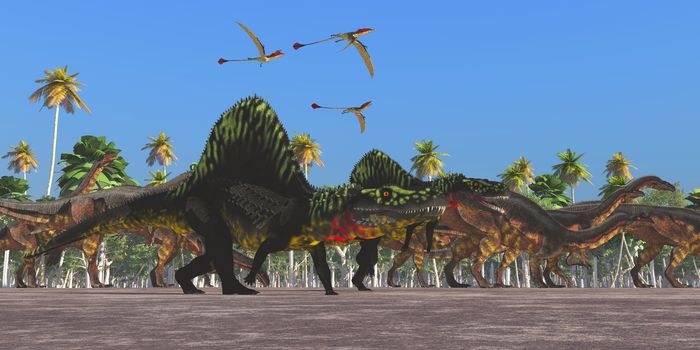 Arizonasaurus dinosaurs and Eudimorphodon flying reptiles follow along with a herd of Plateosaurus on their annual migration.