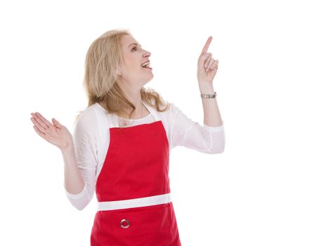 blond woman wearing red apron on white isolated background