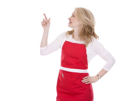 blond woman wearing red apron on white isolated background