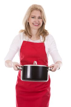 blond woman wearing red apron on white isolated background