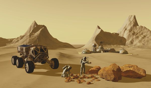 Two explorers take their vehicle to find rock samples to take back to their Mars habitat.