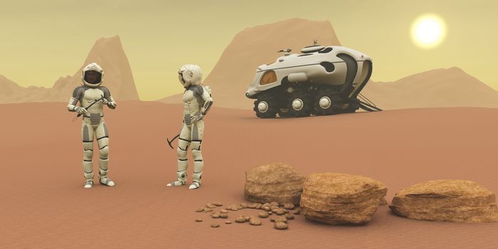 Two intrepid explorers talk together on the next phase of their exploration of the Mars planet.
