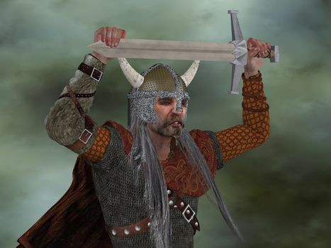 A Viking warrior encourages his men by raising a sword above his head in an act of aggression.