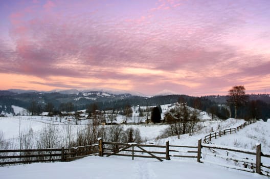 Carpathian mountain valley covered with fresh snow. Majestic landscape. Ukraine, Europe