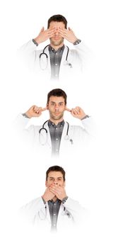 Doctor isolated on white - Sees, hears and speaks no evil - Concept for not rocking the boat in medical circles