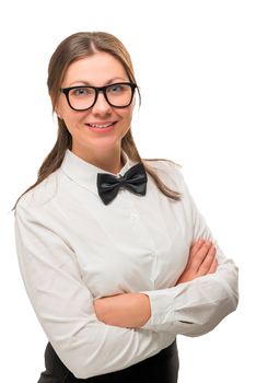 Beautiful young brunette in a black bow tie and a stylish glasses